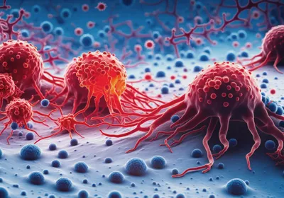 An illustration of pink cancer cells attached to a blue surface.